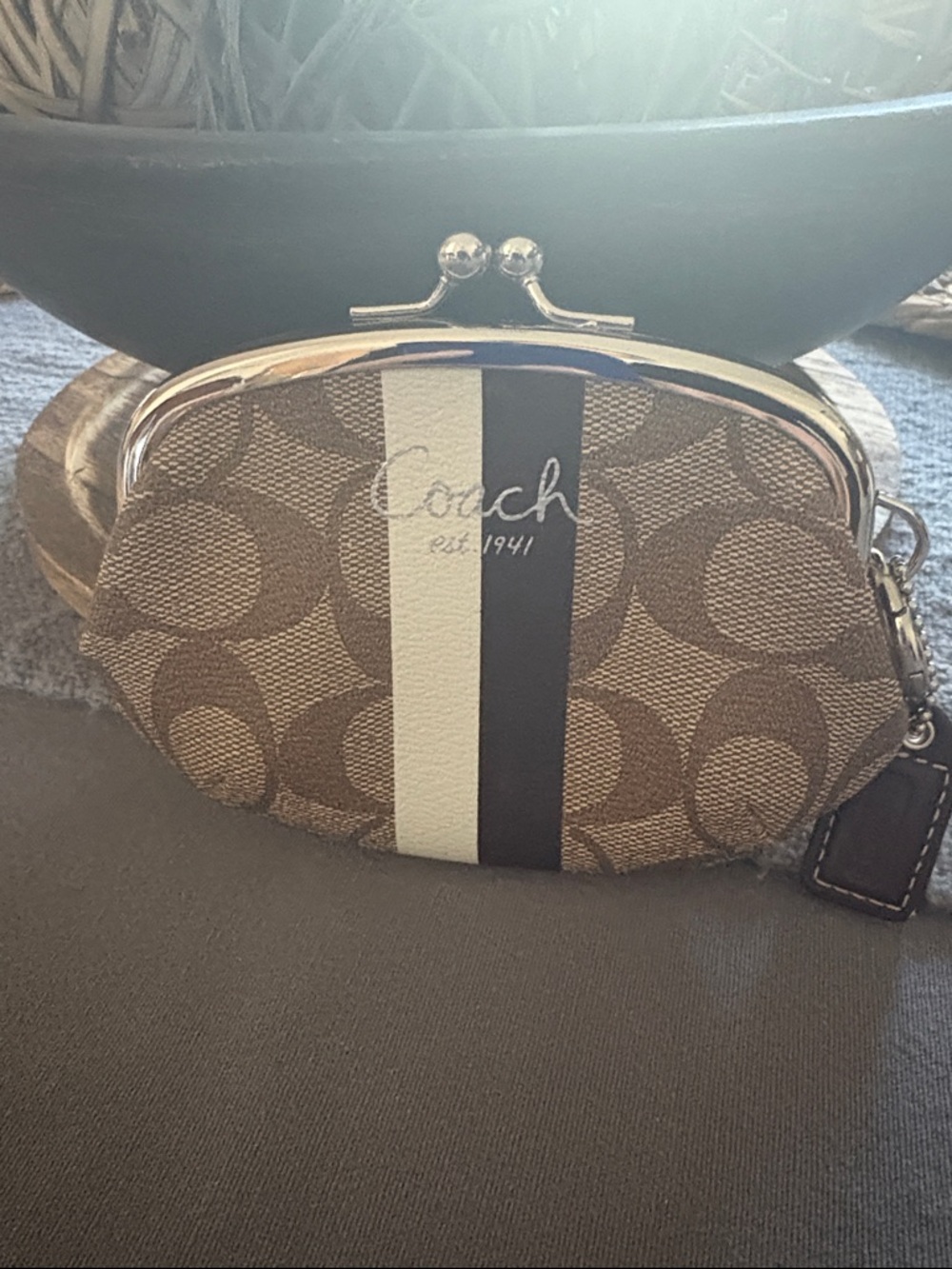 Coach Brown Signature Kisslock Coin Purse with Brown  and Cream Stripe